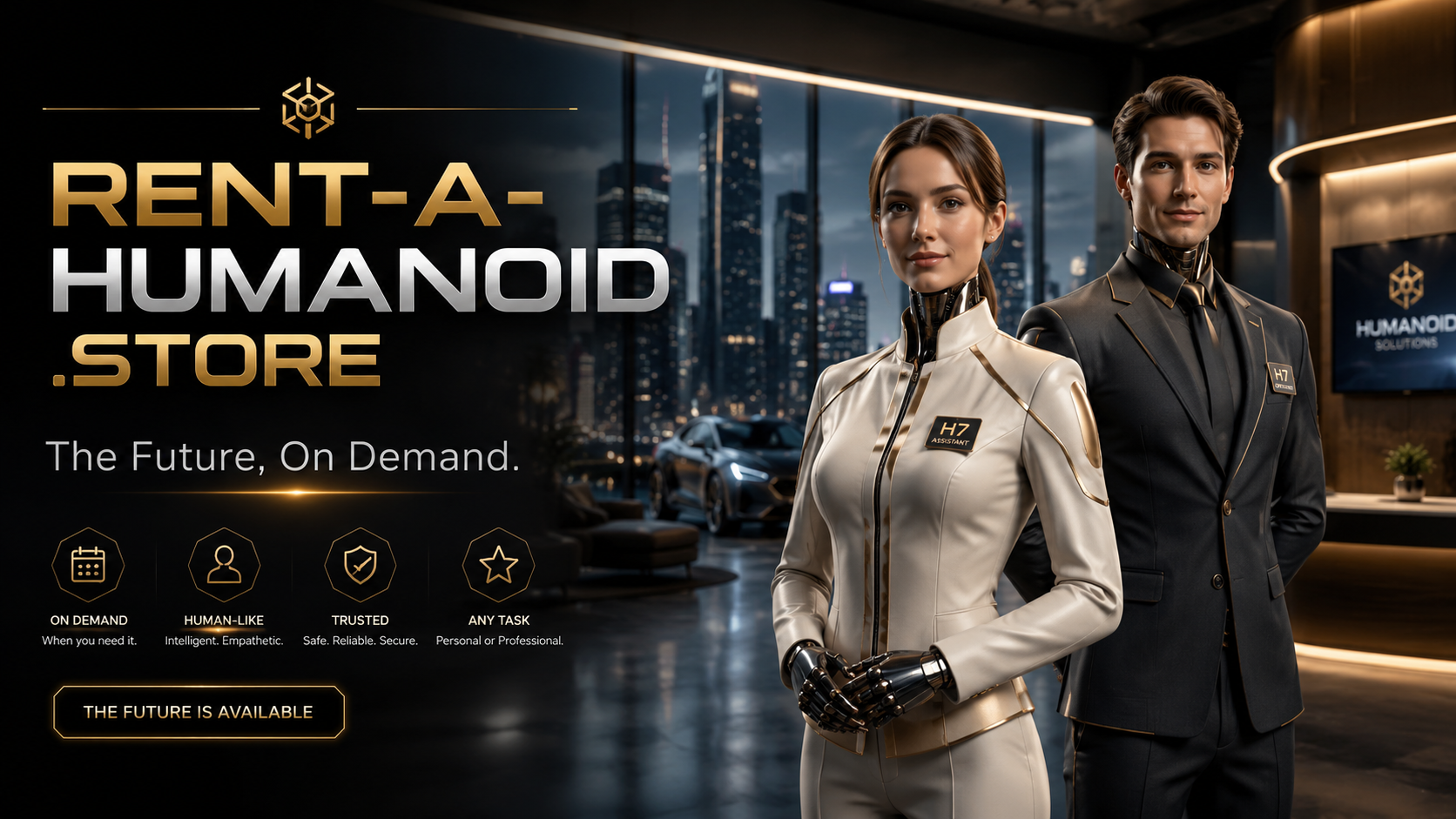 Rent-a-Humanoid.store futuristic humanoid service concept